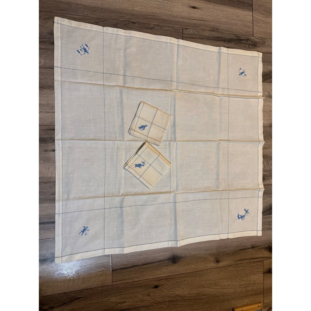 Vintage Ivory Linen Napkin Set With Blue Embroidered Peasant Design card table t